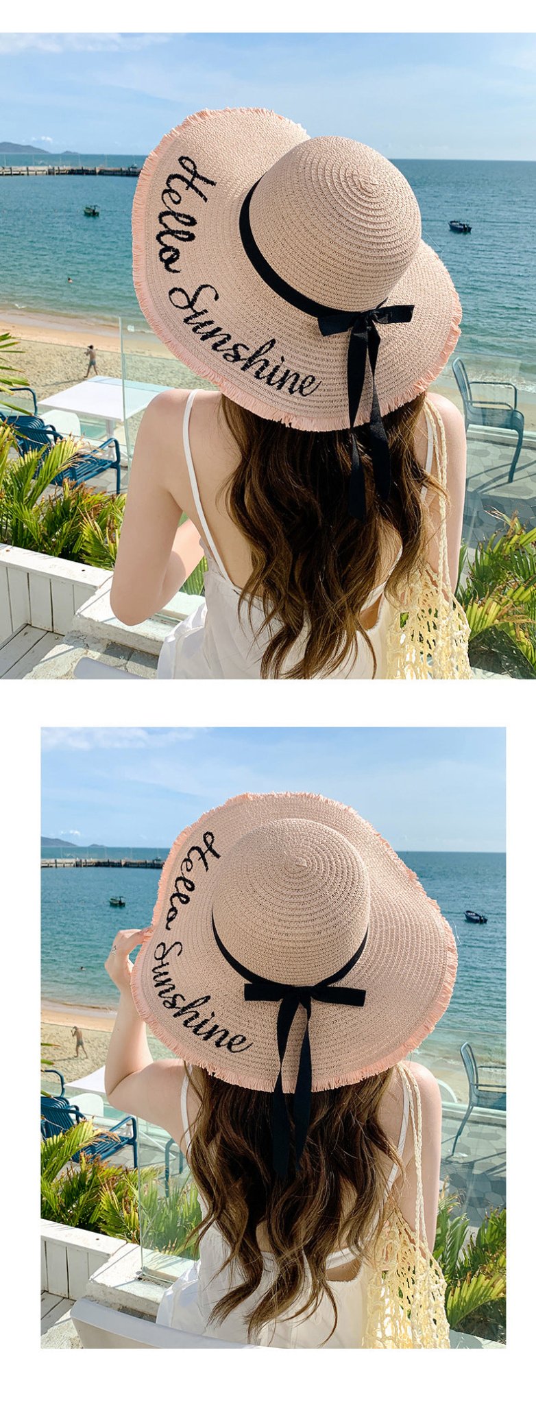 Summer wide brim embroidered sun protection straw hat for women fashion simple letter bow ribbon sun hat sweet sun hat - Negative Apparel