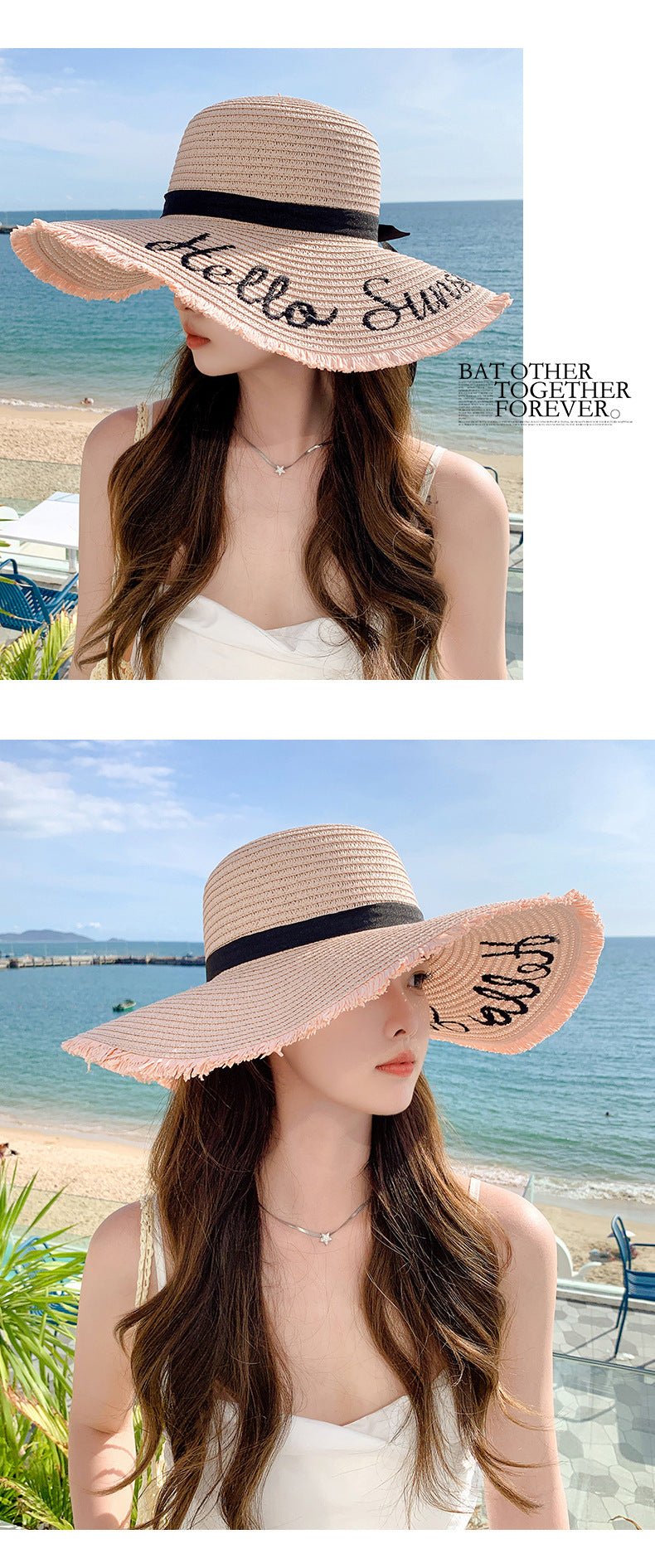 Summer wide brim embroidered sun protection straw hat for women fashion simple letter bow ribbon sun hat sweet sun hat - Negative Apparel