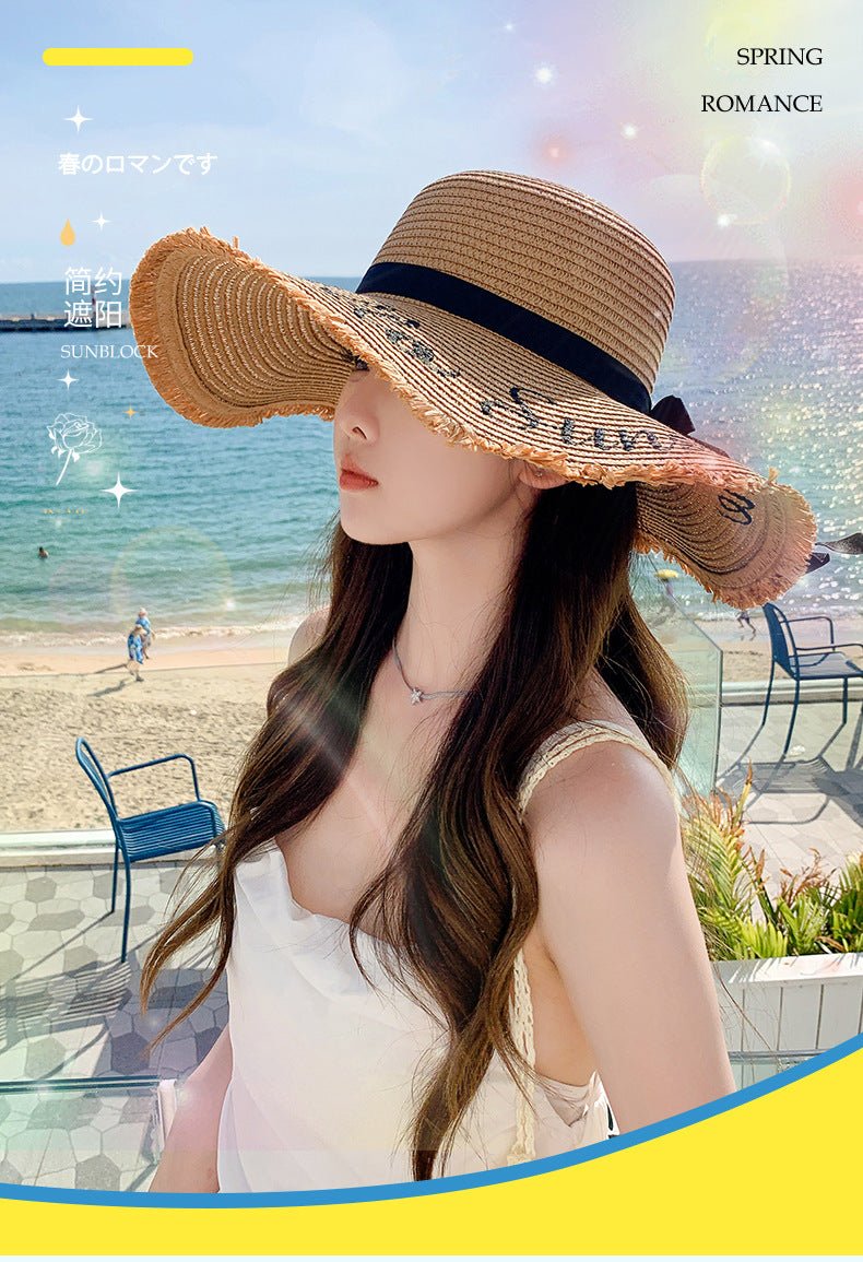 Summer wide brim embroidered sun protection straw hat for women fashion simple letter bow ribbon sun hat sweet sun hat - Negative Apparel