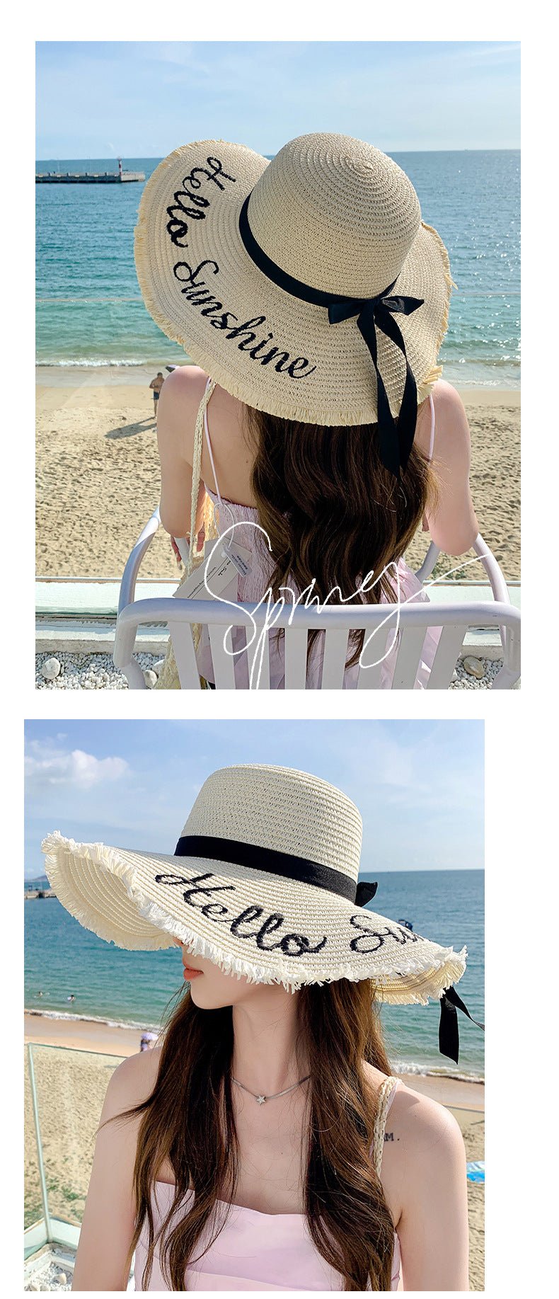 Summer wide brim embroidered sun protection straw hat for women fashion simple letter bow ribbon sun hat sweet sun hat - Negative Apparel