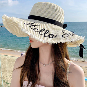 Summer wide brim embroidered sun protection straw hat for women fashion simple letter bow ribbon sun hat sweet sun hat - Negative Apparel