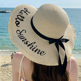 Summer wide brim embroidered sun protection straw hat for women fashion simple letter bow ribbon sun hat sweet sun hat - Negative Apparel