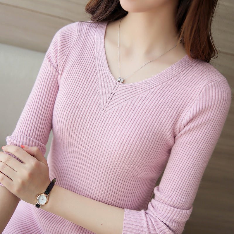 Sweater women's 2022 autumn new slim - fitting long - sleeved pullover tight V - neck thin top knitted bottoming shirt wholesale - Negative Apparel