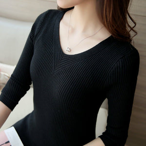 Sweater women's 2022 autumn new slim - fitting long - sleeved pullover tight V - neck thin top knitted bottoming shirt wholesale - Negative Apparel