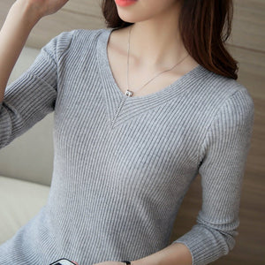 Sweater women's 2022 autumn new slim - fitting long - sleeved pullover tight V - neck thin top knitted bottoming shirt wholesale - Negative Apparel