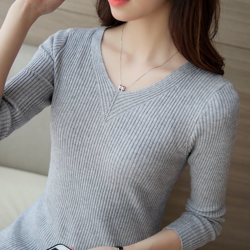 Sweater women's 2022 autumn new slim - fitting long - sleeved pullover tight V - neck thin top knitted bottoming shirt wholesale - Negative Apparel