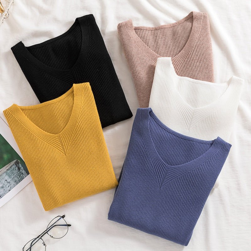 Sweater women's 2022 autumn new slim - fitting long - sleeved pullover tight V - neck thin top knitted bottoming shirt wholesale - Negative Apparel