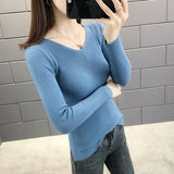 Sweater women's 2022 autumn new slim - fitting long - sleeved pullover tight V - neck thin top knitted bottoming shirt wholesale - Negative Apparel