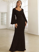 Sweetheart Neck Trumpet Sleeve Floor Length Sequins Prom Dress - Negative Apparel