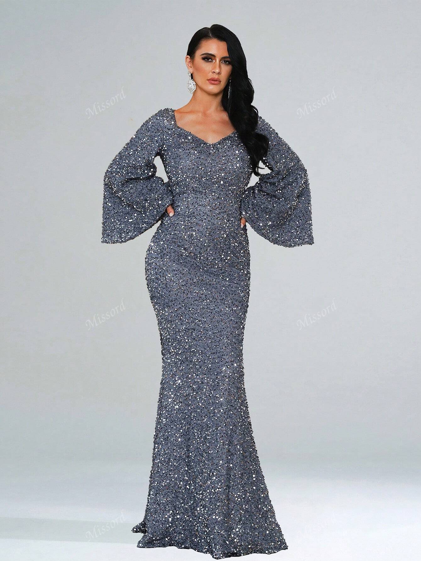 Sweetheart Neck Trumpet Sleeve Floor Length Sequins Prom Dress - Negative Apparel