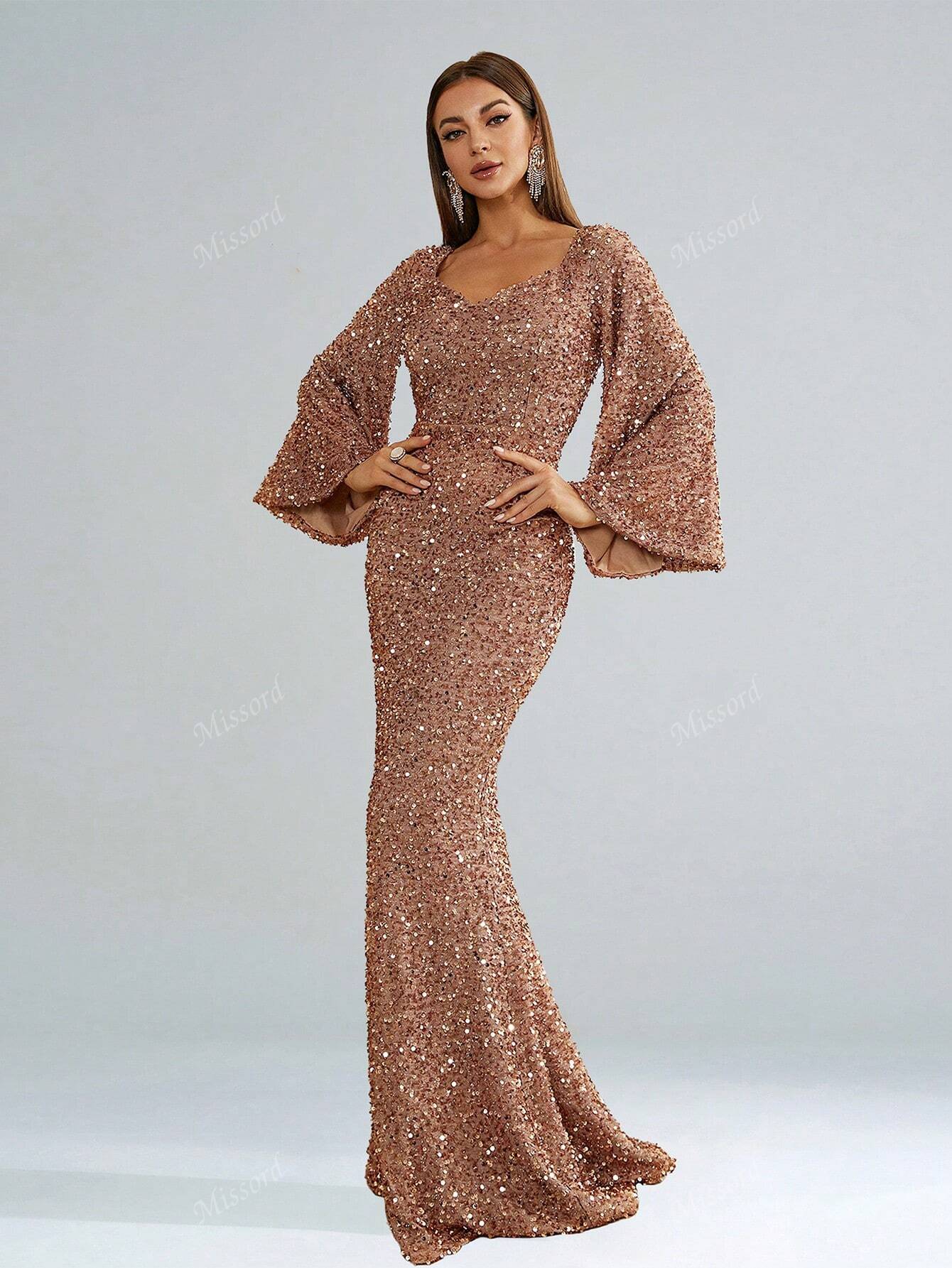 Sweetheart Neck Trumpet Sleeve Floor Length Sequins Prom Dress - Negative Apparel