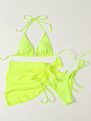 Swim Summer Beach 3pack Neon Lime Triangle Bikini Swimsuit With Beach Skirt - Negative Apparel