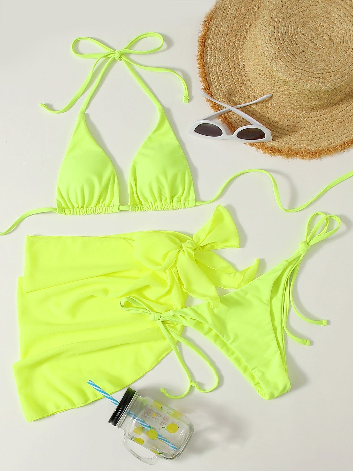 Swim Summer Beach 3pack Neon Lime Triangle Bikini Swimsuit With Beach Skirt - Negative Apparel