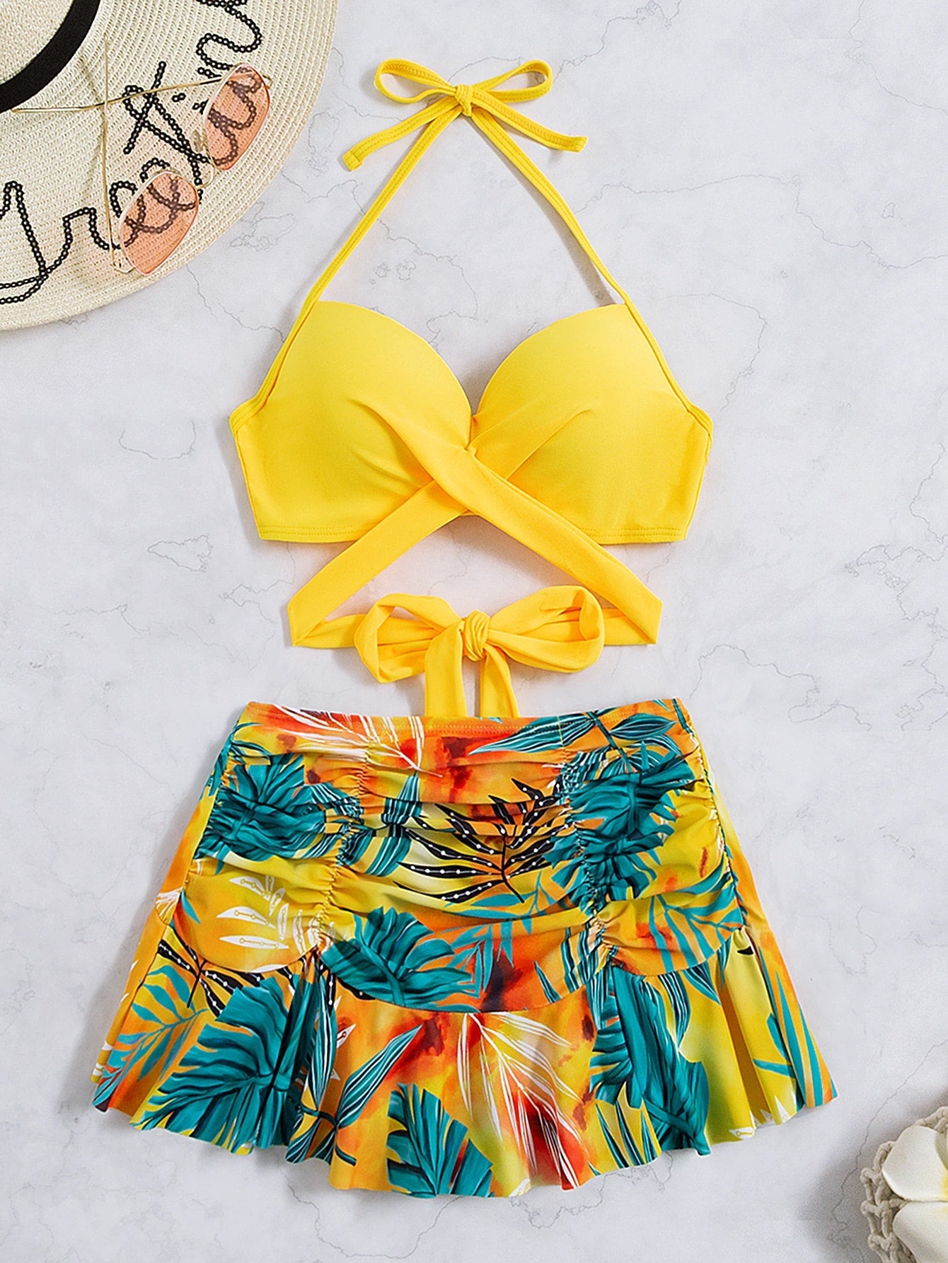 Swim Summer Beach Plant Print Wrap Halter Skort Bikini Swimsuit - Negative Apparel