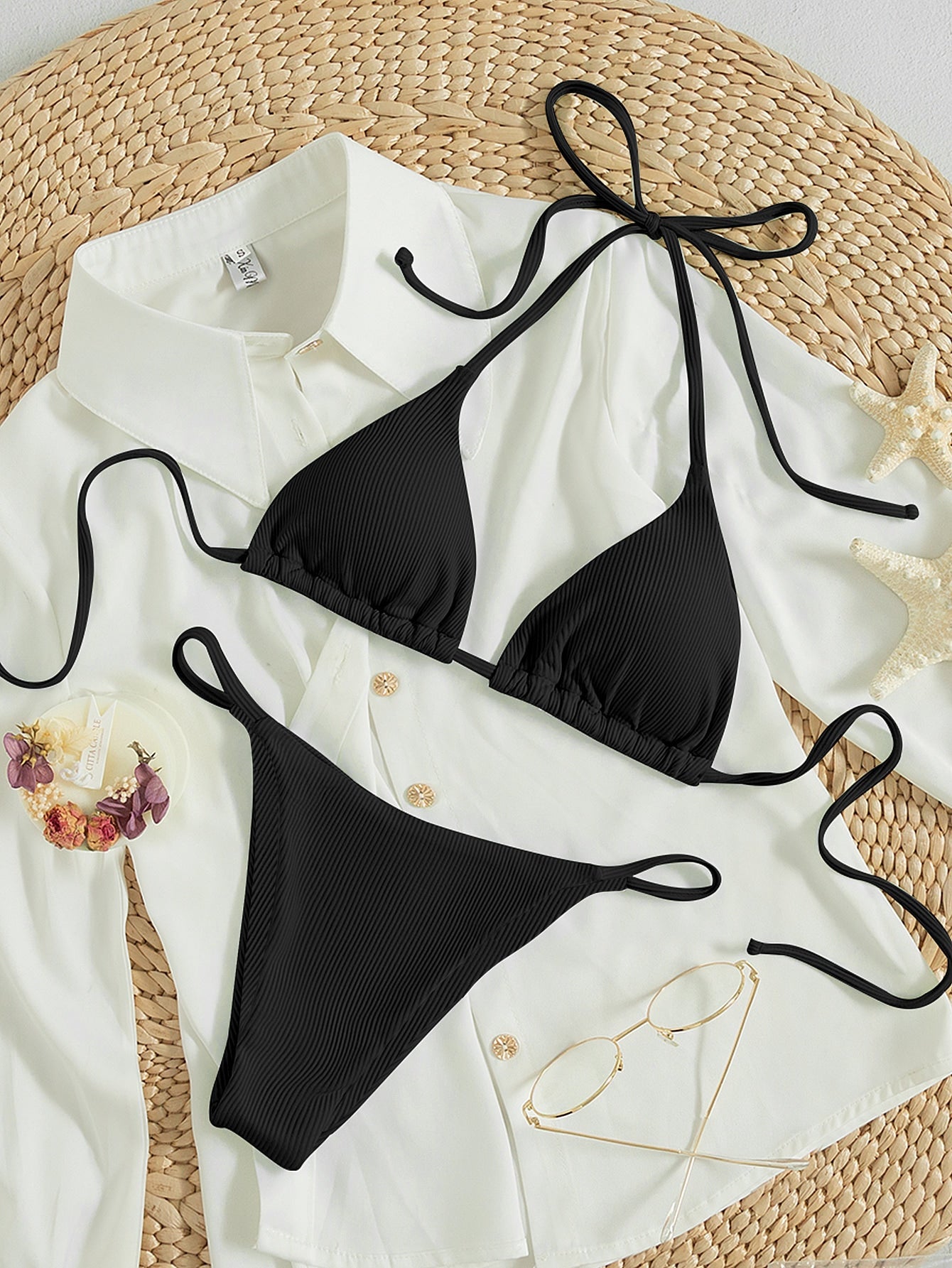 Swim Summer Beach Rib Knit Halter Triangle Bikini Swimsuit - Negative Apparel