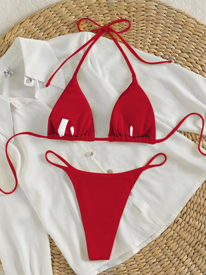 Swim Summer Beach Ribbed Bikini Set Tie Back Halter Triangle Bra & Thong 2 Piece Bathing Suit - Negative Apparel