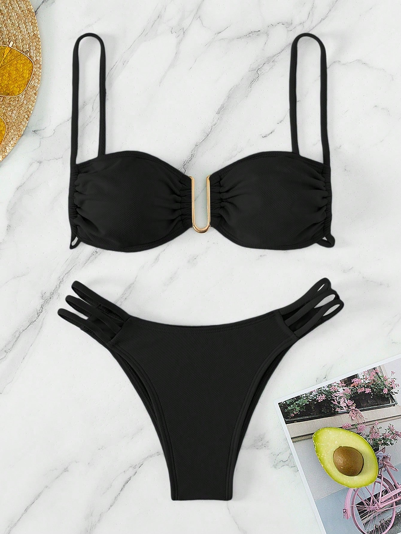 Swim Summer Beach Solid Color Bikini Set With Metal U - Shaped Buckle Decoration And Hollow Out Details Carnival - Negative Apparel