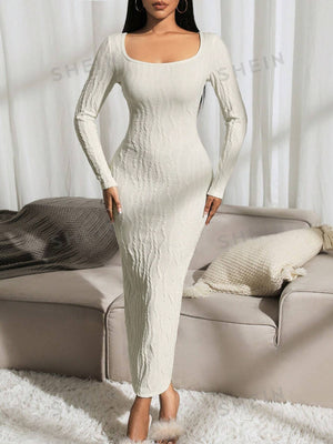 SXY Autumn/Winter Round Neck Cable Knit Apricot Long Sleeve Dress - Negative Apparel