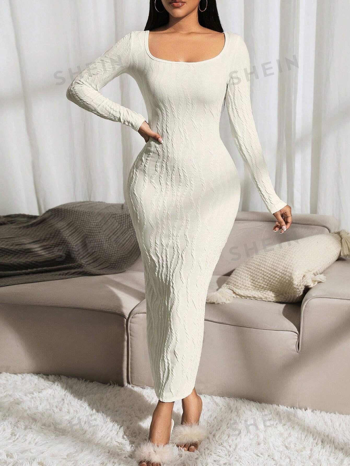 SXY Autumn/Winter Round Neck Cable Knit Apricot Long Sleeve Dress - Negative Apparel