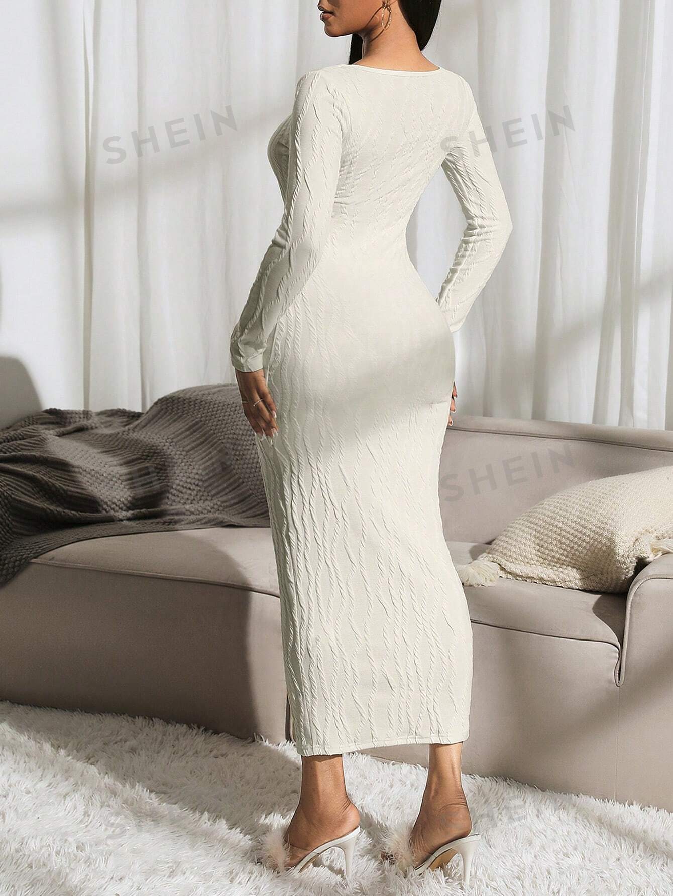 SXY Autumn/Winter Round Neck Cable Knit Apricot Long Sleeve Dress - Negative Apparel