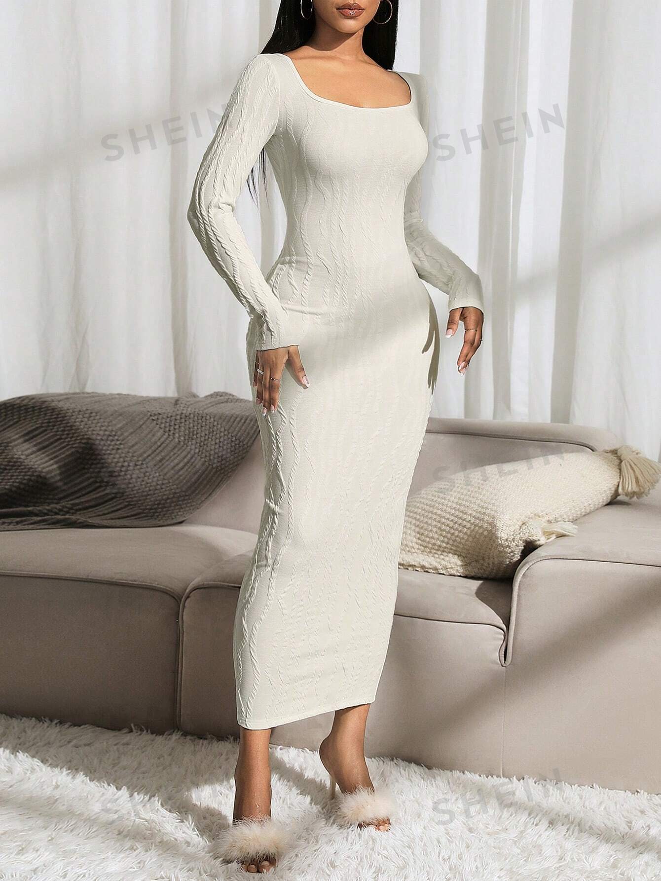 SXY Autumn/Winter Round Neck Cable Knit Apricot Long Sleeve Dress - Negative Apparel