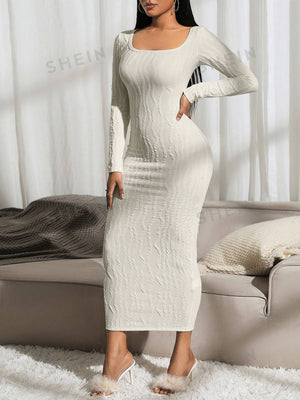 SXY Autumn/Winter Round Neck Cable Knit Apricot Long Sleeve Dress - Negative Apparel