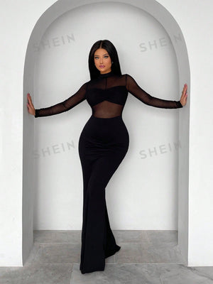 SXY Contrast Mesh Mermaid Hem Bodycon Dress - Negative Apparel