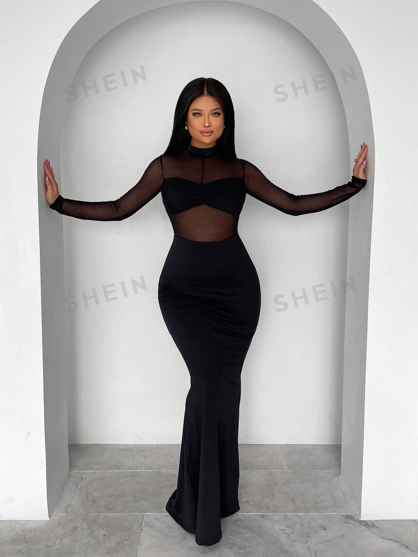 SXY Contrast Mesh Mermaid Hem Bodycon Dress