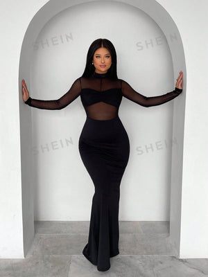 SXY Contrast Mesh Mermaid Hem Bodycon Dress - Negative Apparel