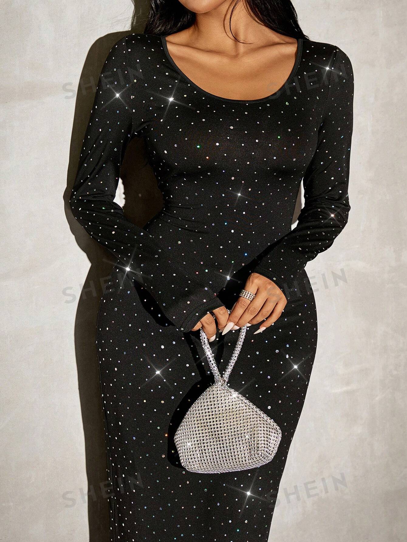 SXY Elegant Knitted Iridescent Sequin Round Neck Slim Fit Long Sleeve Women's Dress - Negative Apparel