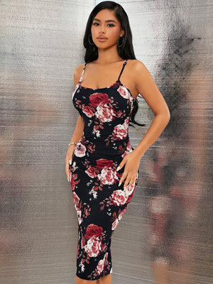 SXY Floral Print Split Back Cami Bodycon Dress - Negative Apparel