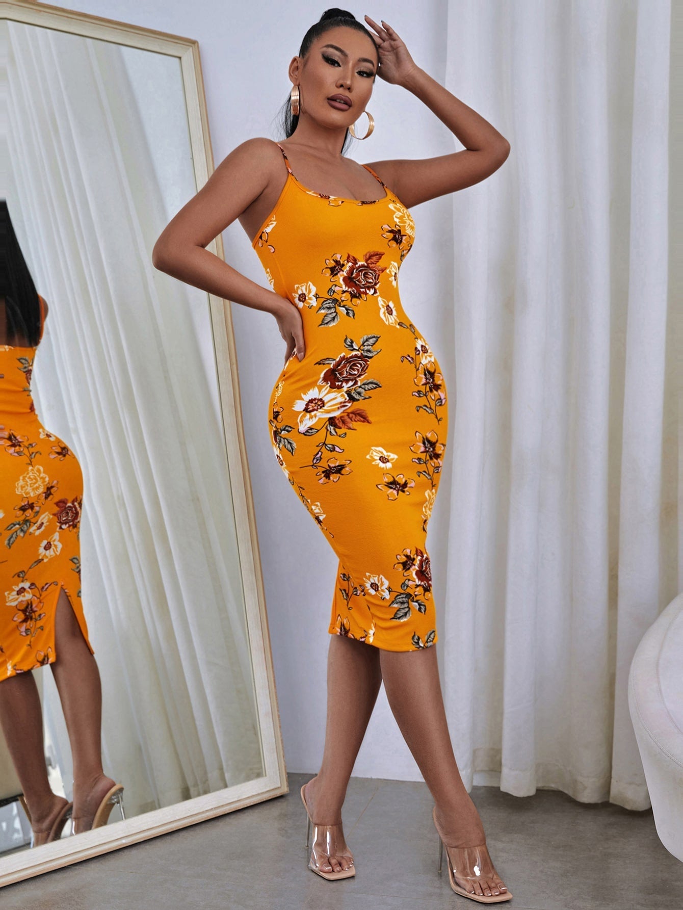 SXY Floral Print Split Hem Bodycon Cami Dress - Negative Apparel