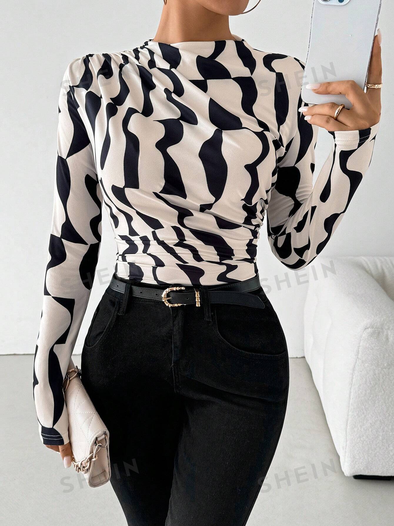 SXY Geometric Print Ruched Stand Collar Long Sleeve T-Shirt - Negative Apparel