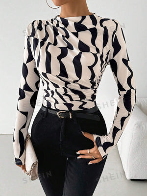 SXY Geometric Print Ruched Stand Collar Long Sleeve T-Shirt - Negative Apparel