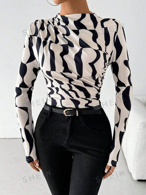 SXY Geometric Print Ruched Stand Collar Long Sleeve T-Shirt - Negative Apparel