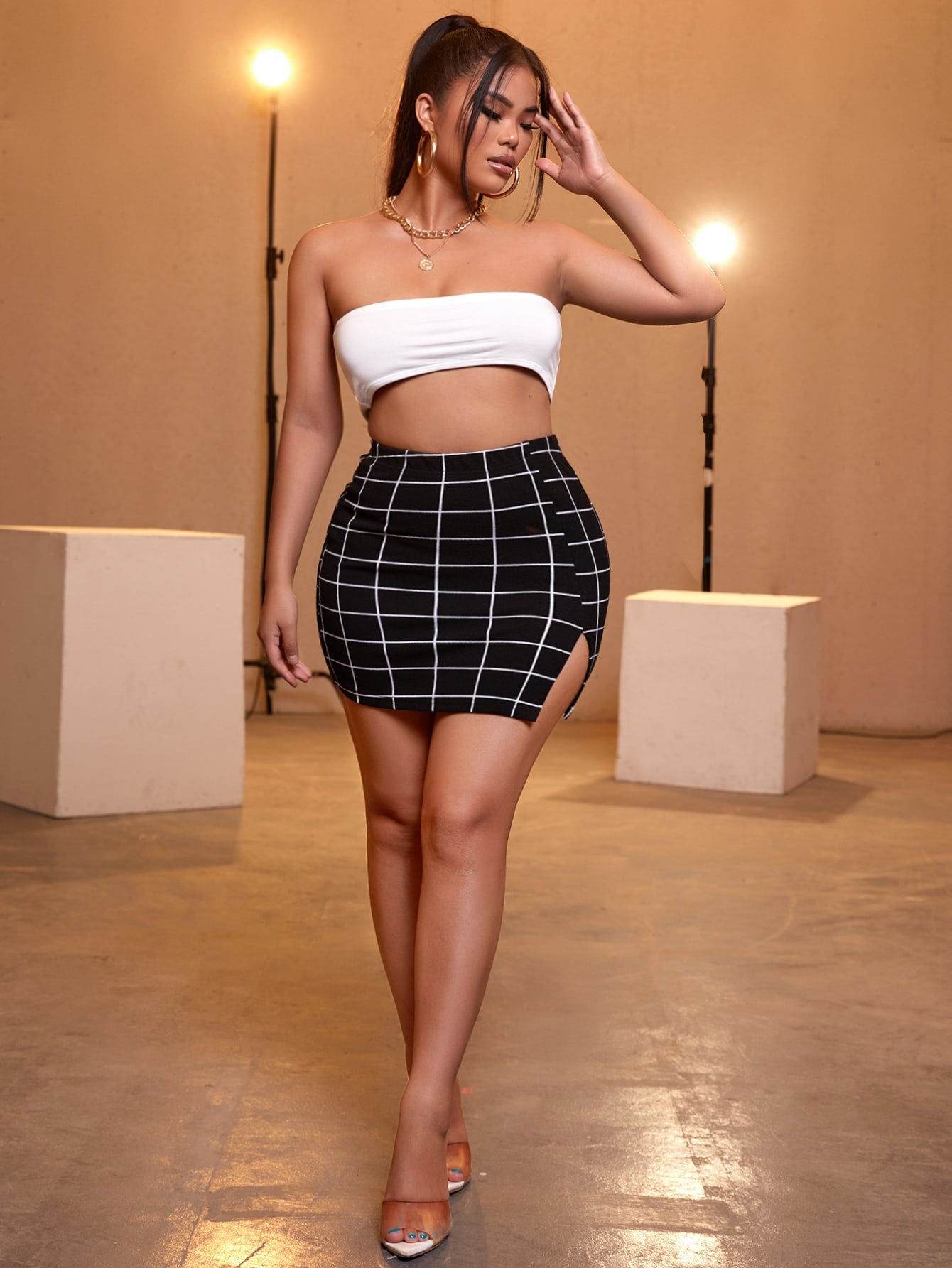 SXY Grid Plaid Split Side Bodycon Skirt - Negative Apparel