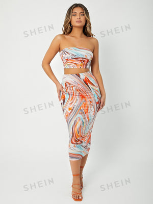 SXY Marble Print Crop Tube Top & Pencil Skirt - Negative Apparel