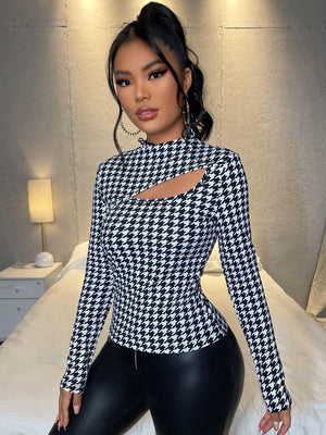 SXY Mock Neck Houndstooth Print Cut Out Slim Tee - Negative Apparel