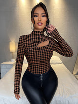SXY Mock Neck Houndstooth Print Cut Out Slim Tee - Negative Apparel