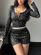 Sxy pajamas lace tight floral long - sleeved cardigan waist shorts home clothes women's suit - Negative Apparel