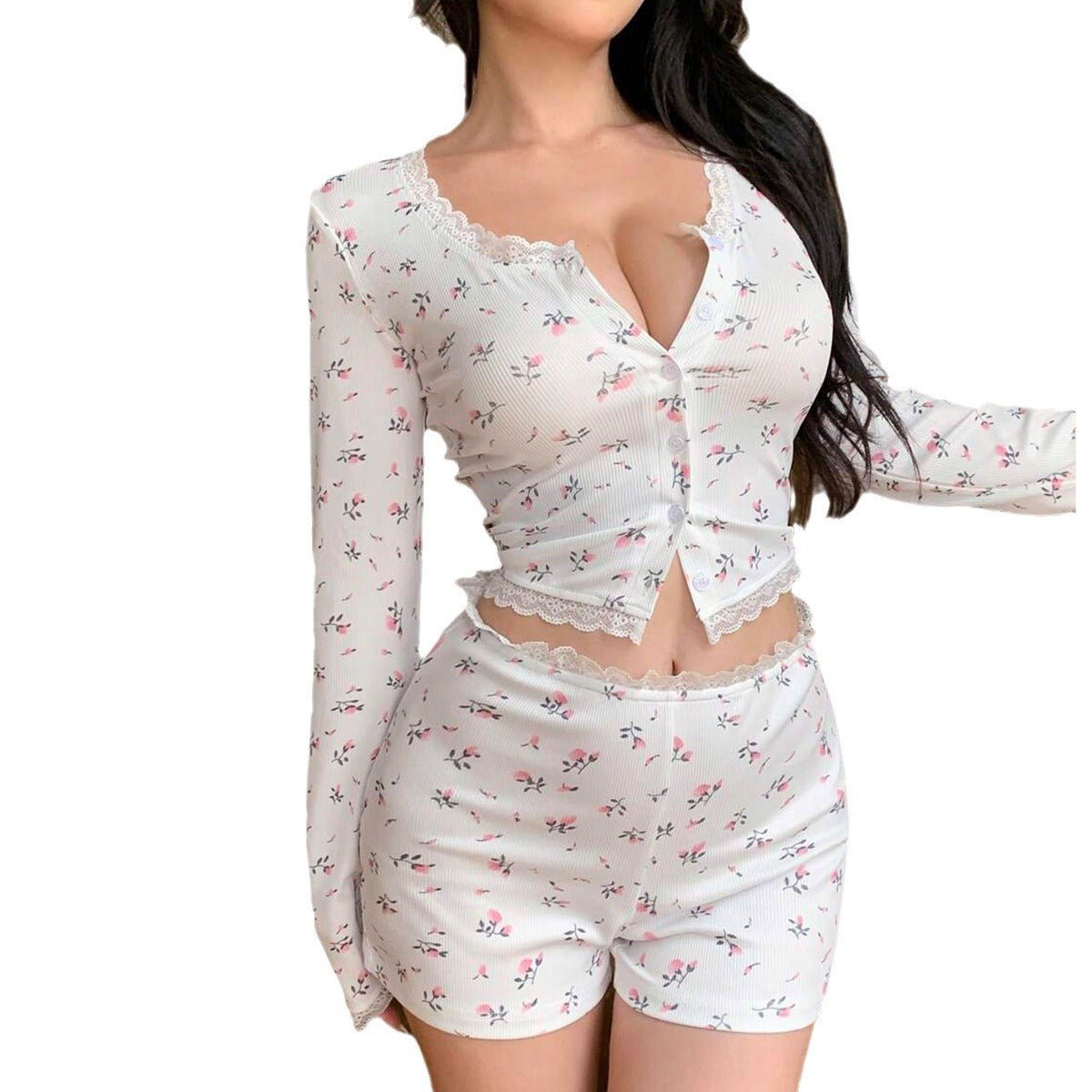 Sxy pajamas lace tight floral long - sleeved cardigan waist shorts home clothes women's suit - Negative Apparel