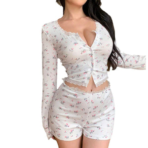 Sxy pajamas lace tight floral long - sleeved cardigan waist shorts home clothes women's suit - Negative Apparel