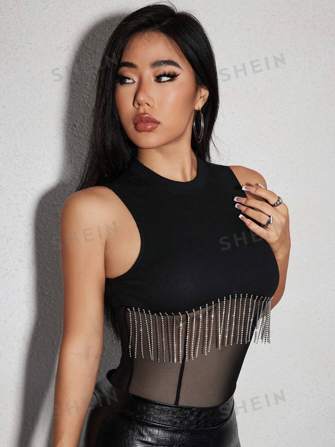 SXY Rhinestone Fringe Trim Mesh Insert Bodysuit - Negative Apparel