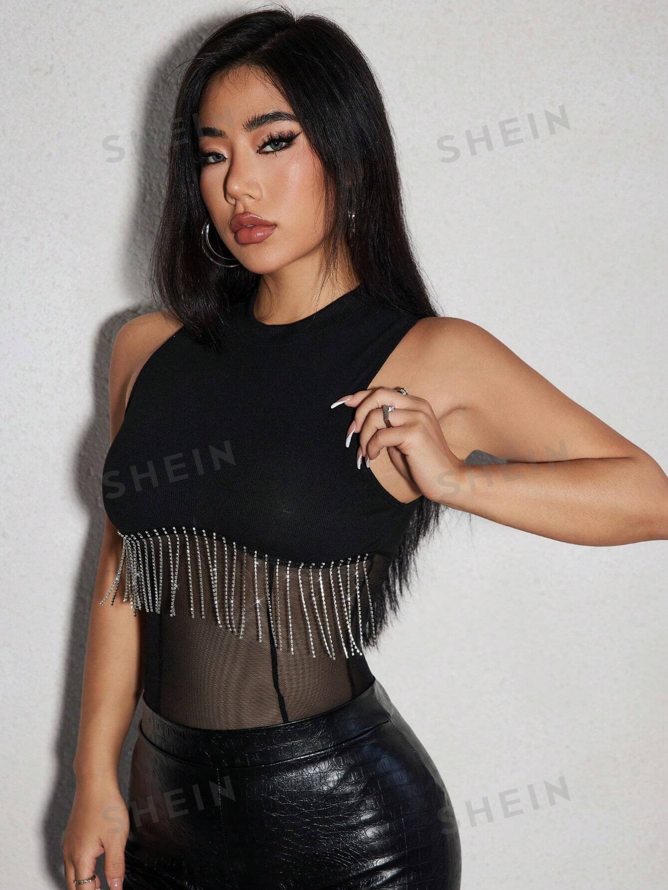 SXY Rhinestone Fringe Trim Mesh Insert Bodysuit - Negative Apparel