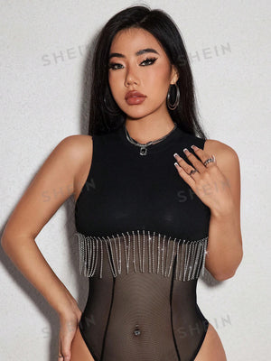 SXY Rhinestone Fringe Trim Mesh Insert Bodysuit - Negative Apparel