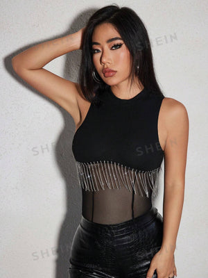 SXY Rhinestone Fringe Trim Mesh Insert Bodysuit - Negative Apparel