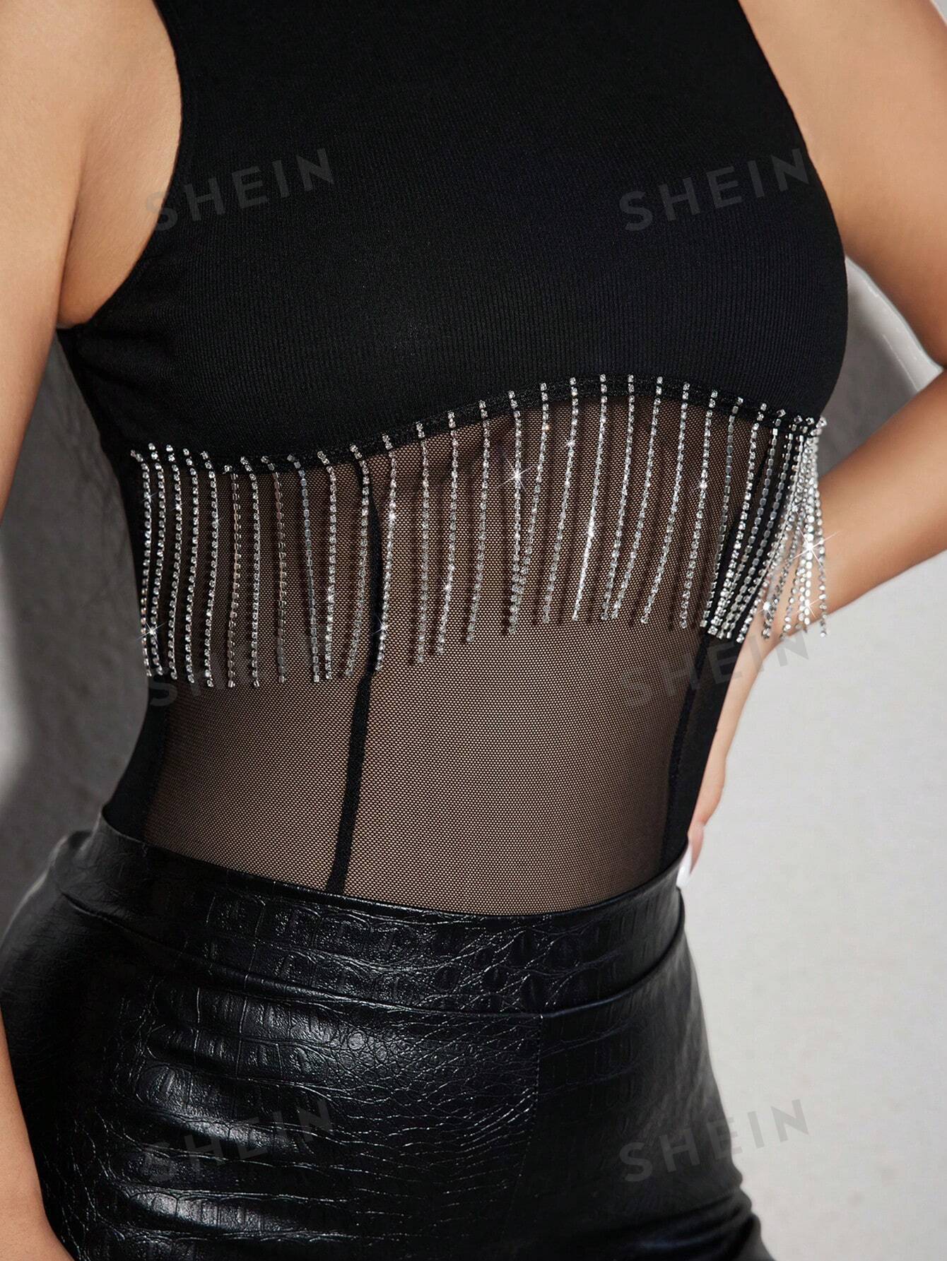 SXY Rhinestone Fringe Trim Mesh Insert Bodysuit - Negative Apparel