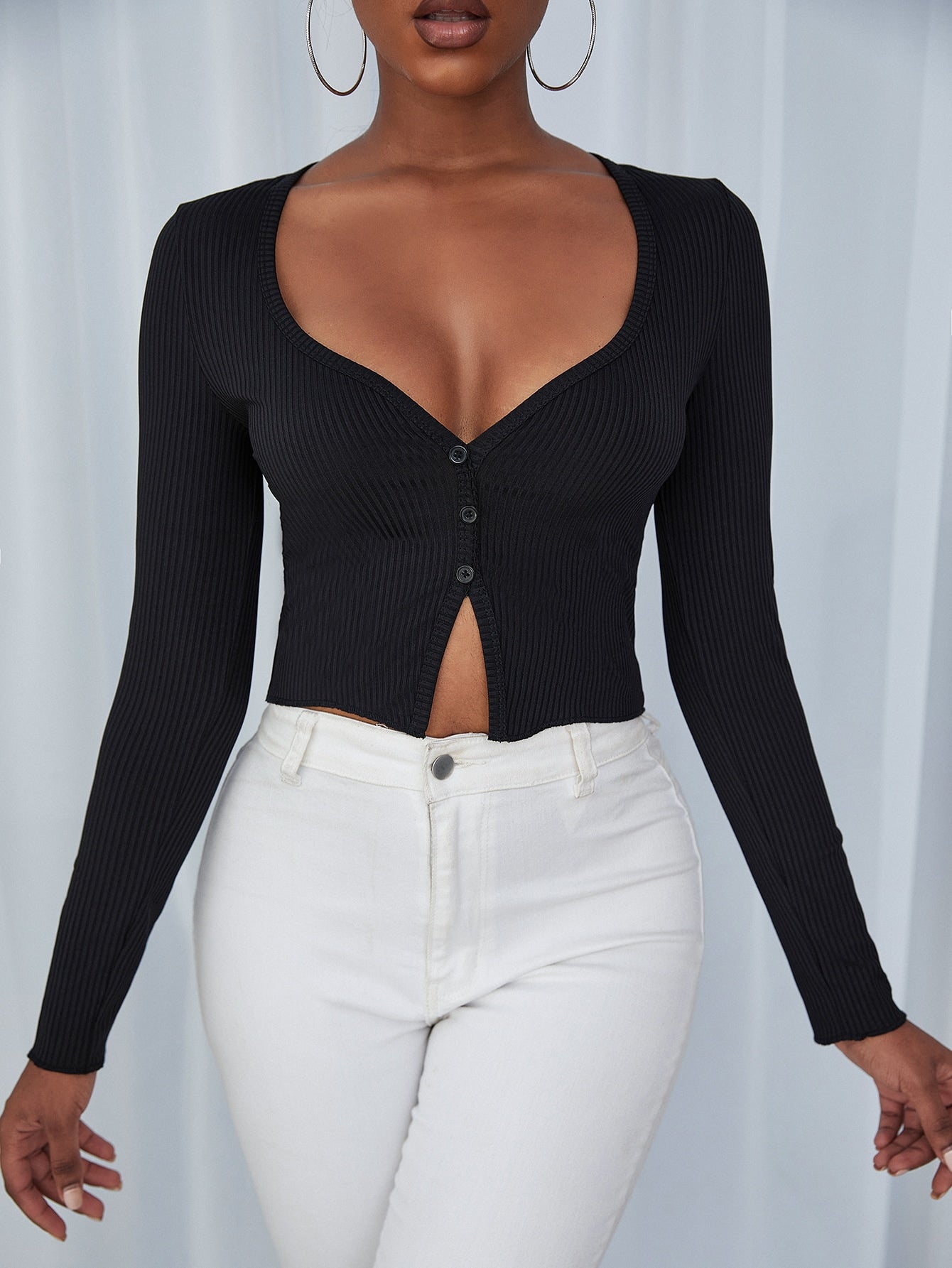 SXY Ribbed Knit Button Front Crop Top - Negative Apparel