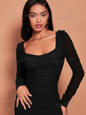 SXY Ruched Mesh Bodycon Dress - Negative Apparel