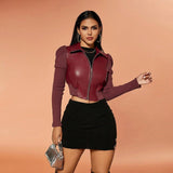 Sxy slim fit PU leather jacket splicing long sleeve short body jacket - Negative Apparel